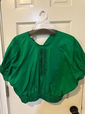 MONICA NERA Emerald Green Gathered Short-Sleeve Crop Top